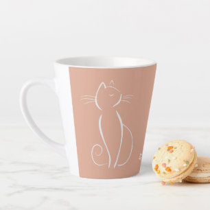 Tasse Latte Minimaliste Chat Blanc Sur Rose Ajouter Nom Latte 