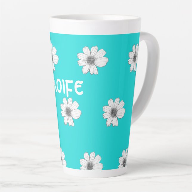 Tasse Latte Modèle floral Turquoise Blue nom personnalisé (Angle droit)