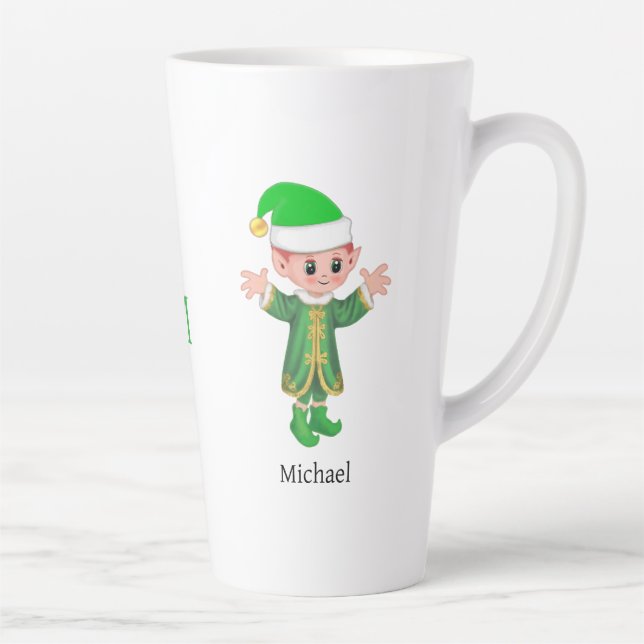 Tasse Latte Modern Good Luck Elf with Script and Monogram (Droite)