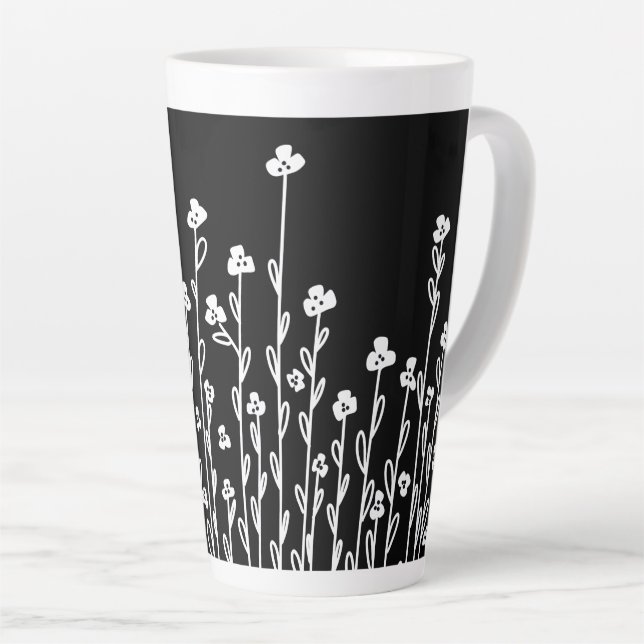 Tasse Latte Moderne minimaliste noir blanc doodé floral (Angle droit)