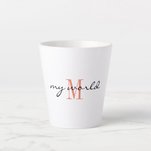 Tasse Latte Monogram Initial, Script élégant mon monde, (Devant)