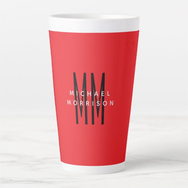 Tasse Latte Monogramme couleur rouge vif Lettres initiales Nom (Devant)