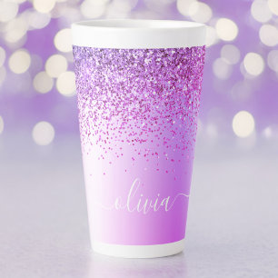 Tasse Latte Monogramme de nom en métal pailleté violet