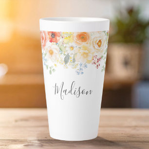 Tasse Latte Monogramme de nom personnalisé Floral Ensoleillé A