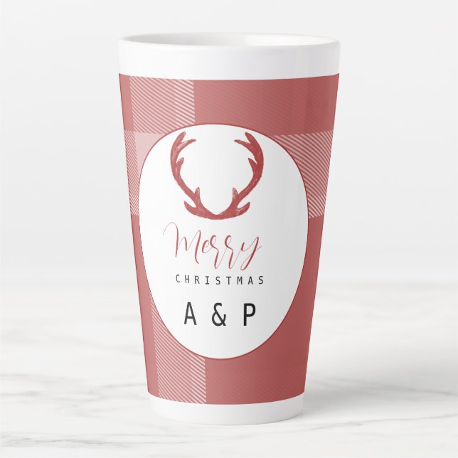 Tasse Latte Monogramme des Antlers de Cerfs de Tartan Rouge (Devant)