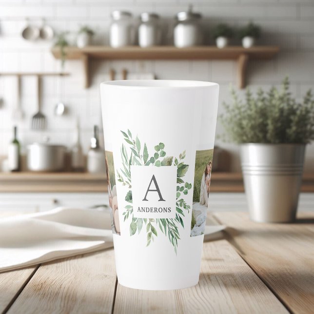 Tasse Latte Monogramme deux photos | Cadre de verdure personna (Créateur téléchargé)