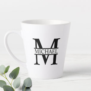 Tasse Latte Monogramme et nom personnalisé noir et blanc