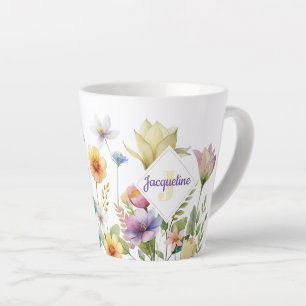 Tasse Latte Monogramme Fleur sauvage colorée illustrée