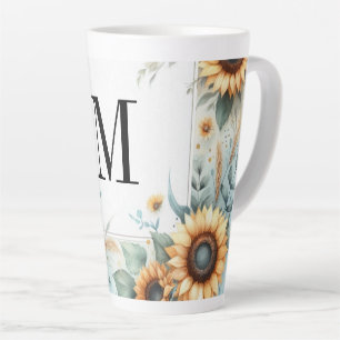 Tasse Latte Monogramme Fleurs de chute et fleurs de soleil aqu