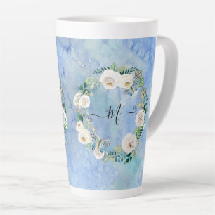 Tasse Latte Monogramme Floral Aquarelle Laver Bleu Blanc Scrip