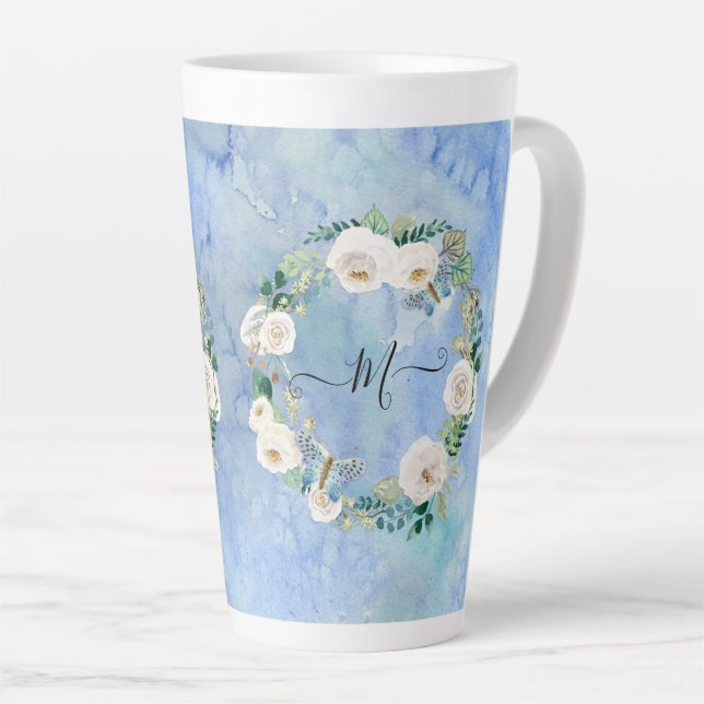 Tasse Latte Monogramme Floral Aquarelle Laver Bleu Blanc Scrip (Angle droit)
