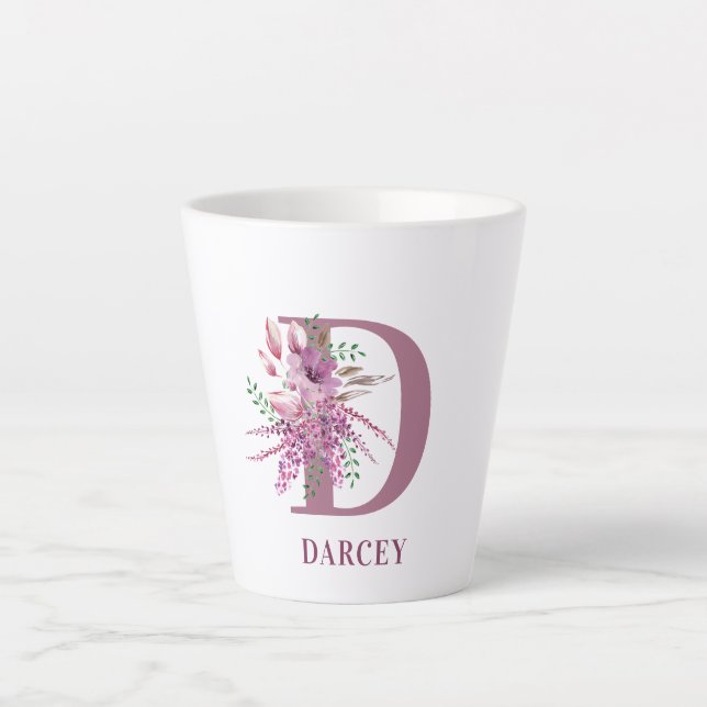 Tasse Latte Monogramme Floral Fleurs initiales Lilac et Lavand (Devant)