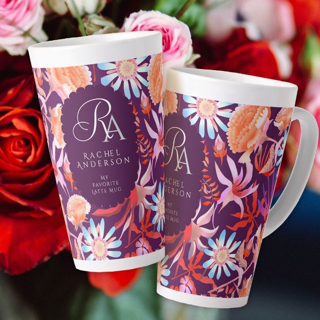 Tasse Latte Monogramme floral mystique florissant latte (Blooming Mystical Floral Monogram Latte Mug. )