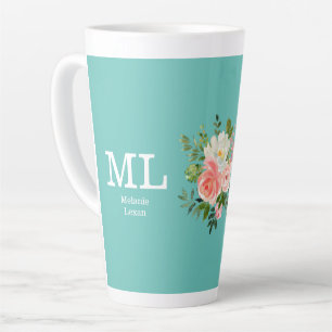 Tasse Latte Monogramme floral rose et sarcelle