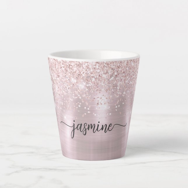 Tasse Latte Monogramme métallique pailleté rose gold et rose G (Devant)