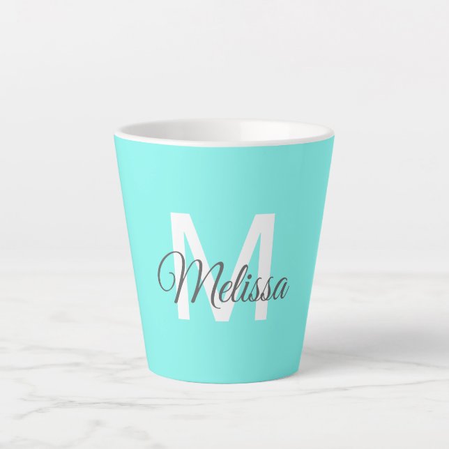 Tasse Latte monogramme moderne chic minimaliste turquoise aqua (Devant)