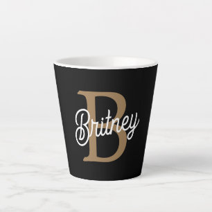 Tasse Latte Monogramme moderne élégant Nom Black Gold Script