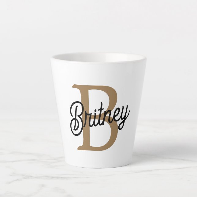 Tasse Latte Monogramme moderne élégant Nom Black Gold Script (Devant)