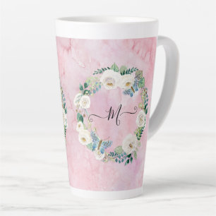 Tasse Latte Monogramme Moderne Floral Papillon Aquarelle rose