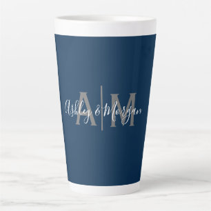 Tasse Latte Monogramme moderne gris et bleu de couple