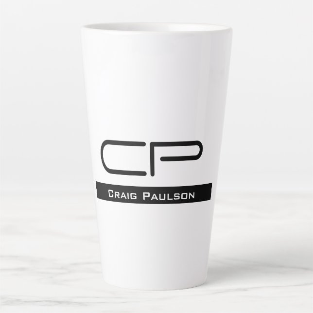 Tasse Latte Monogramme noir blanc Nom Plaque moderne Simple (Devant)