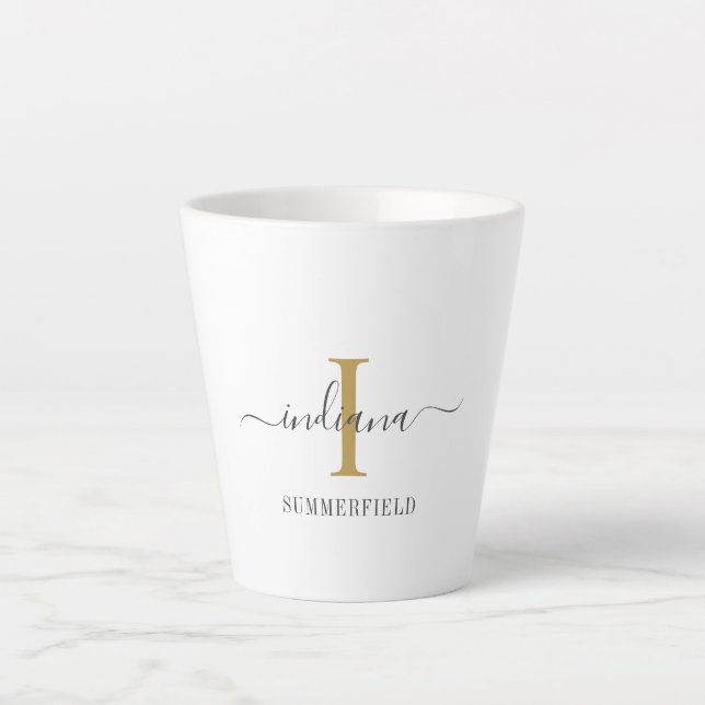 Tasse Latte Monogramme Nom de script Stylish Gold Gris Minimal (Devant)