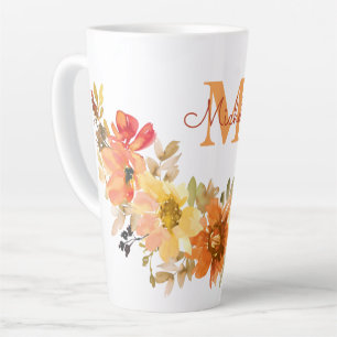 Tasse Latte Monogramme Nom initial Orange Aquarelle Florale
