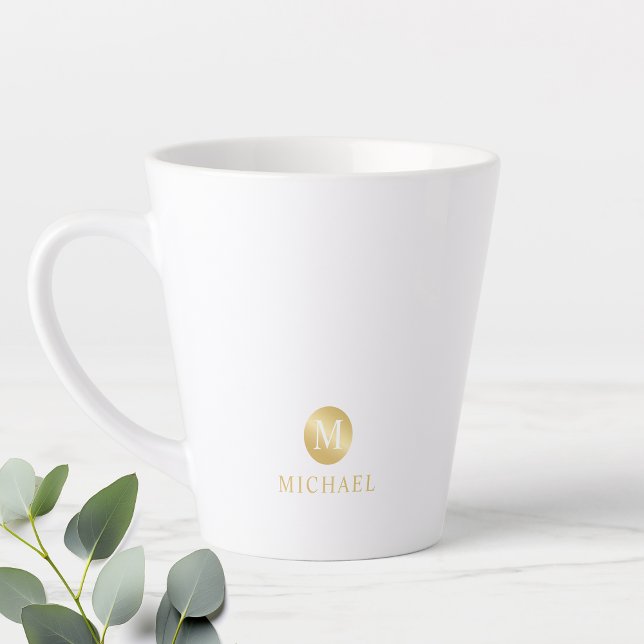 Tasse Latte Monogramme personnalisé de luxe blanc et or (Créateur téléchargé)