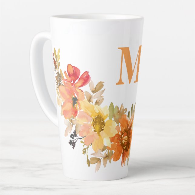 Tasse Latte Monogramme Première Aquarelle Orange Chute Florale (Angle gauche)