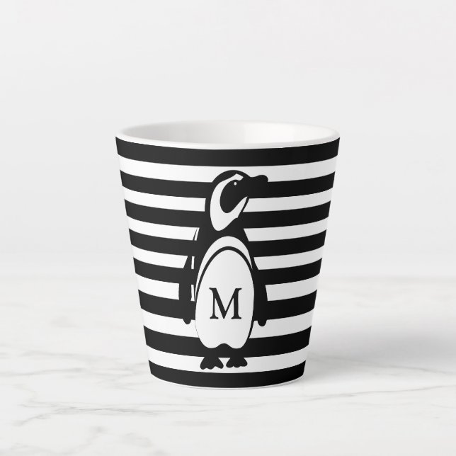 Tasse Latte Monogramme rayé noir et blanc pingouin (Devant)