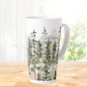 Tasse Latte Monogramme Russe Aquarelle Forêt verte