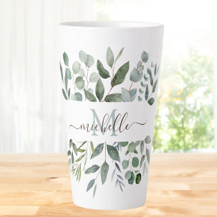 Tasse Latte Monogramme Sage Green Eucalyptus Feuilles de verdu