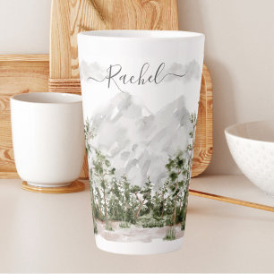 Tasse Latte Montagne et forêt aquarelle monogrammée