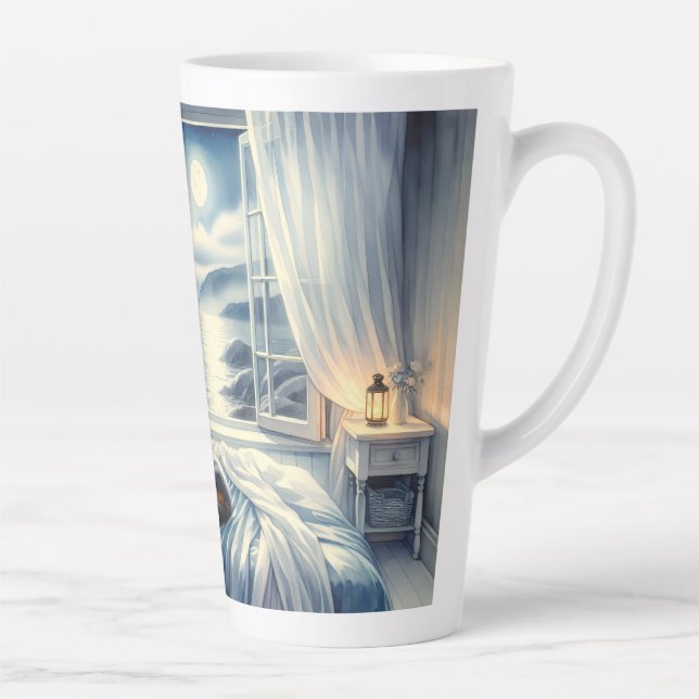Tasse Latte Moonlit Coastal Bedroom with Sleeping Cat (Droite)