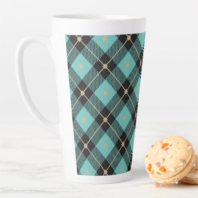 Tasse Latte Motif Black Aqua Plaid (En situation)