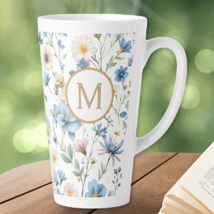 Tasse Latte Motif botanique élégant à fleurs sauvages bleues a