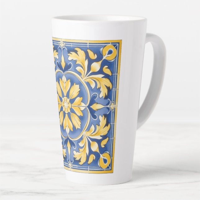 Tasse Latte Motif botanique méditerranéen - Bleu et Jaune (Angle droit)