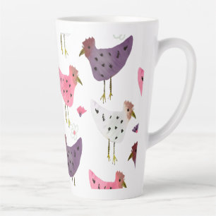 Tasse Latte Motif floral rose violet Coq aquarelle  