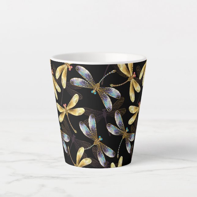 Tasse Latte Motif sans couture avec libellules d'or (Devant)