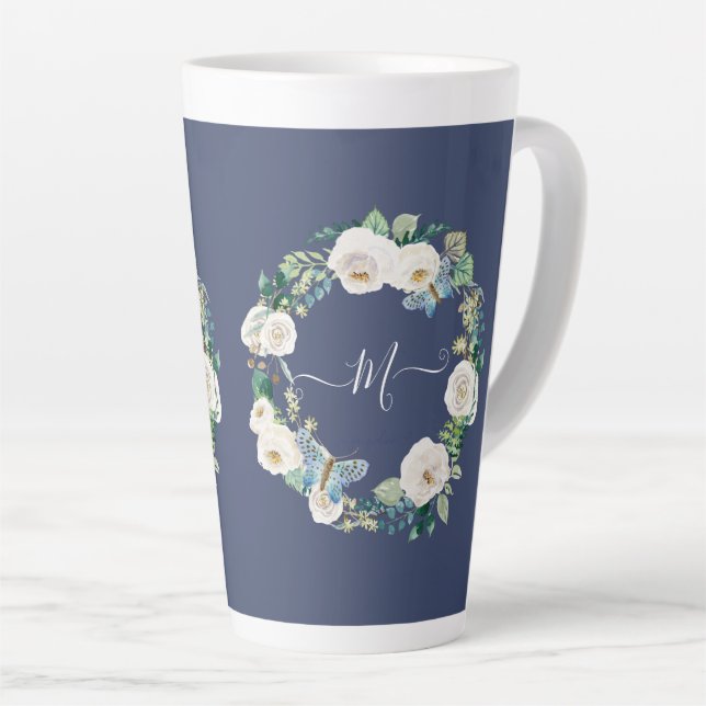 Tasse Latte Nacre d'aquarelle de papillon floral blanc Monogra (Angle droit)