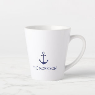 Tasse Latte Nautical Custom Boat Name Marine bleu ancre blanch