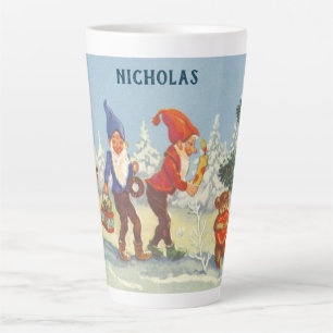 Tasse Latte Noël vintage, Elfes dans la forêt enneigée d'hiver