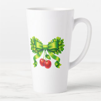 Tasse Latte Nœud Trèfle Chanceux avec Cerises Design Vert