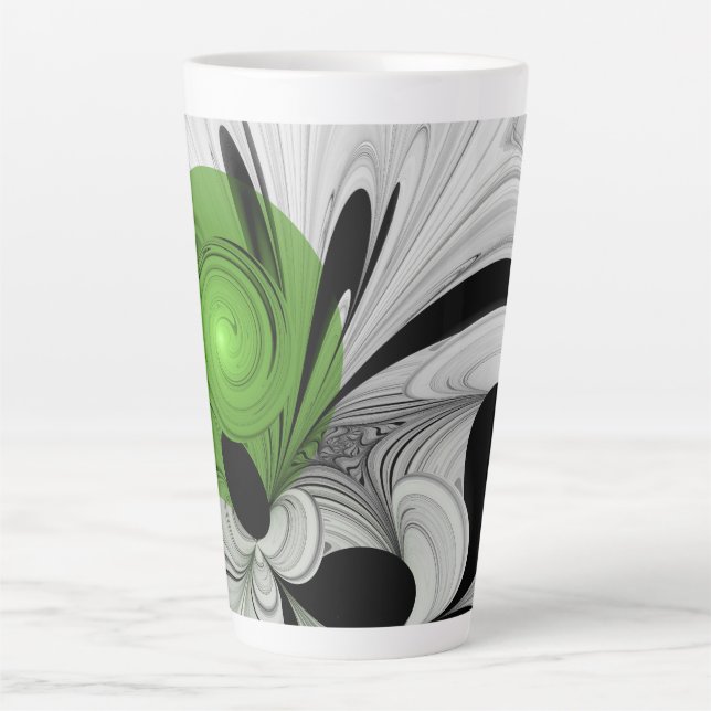 Tasse Latte Noir Abstrait et blanc avec art fractal vert (Devant)