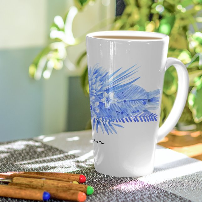Tasse Latte Nom, Cobalt Blue Tropical Flowers & Feuilles (Créateur téléchargé)