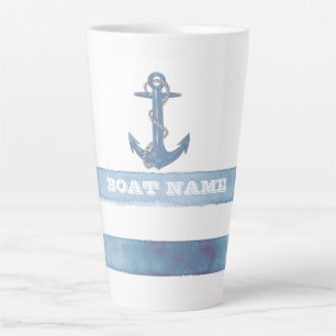 Tasse Latte Nom de bateau nautique,Ancre,Corde,Rayes bleu clai