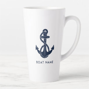 Tasse Latte Nom de bateau personnalisé Marine Blue Ancre nauti