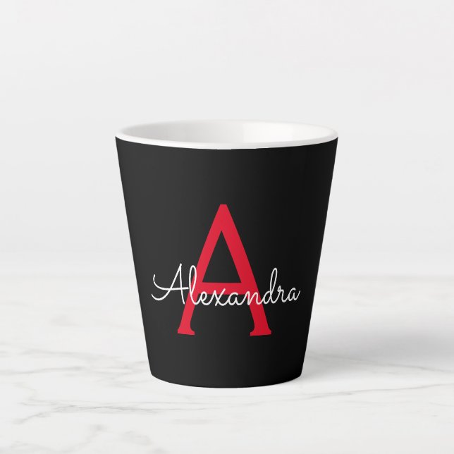 Tasse Latte Nom de monogramme féminin de script noir rouge (Devant)