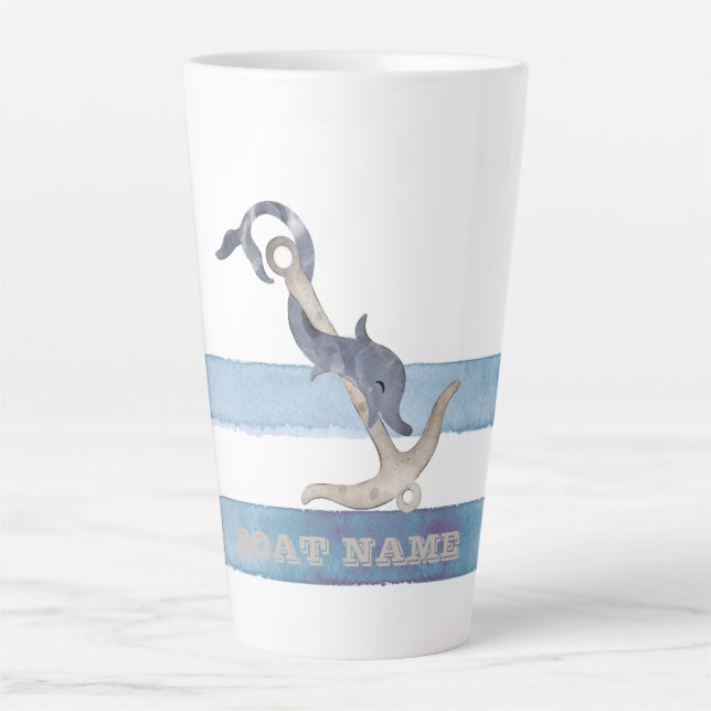 Tasse Latte Nom du bateau, Ancre Dauphin Bleu clair rayures (Devant)