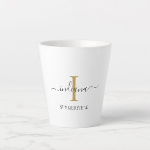 Tasse Latte Nom en écriture cursive Monogramme Élégant Gris Or